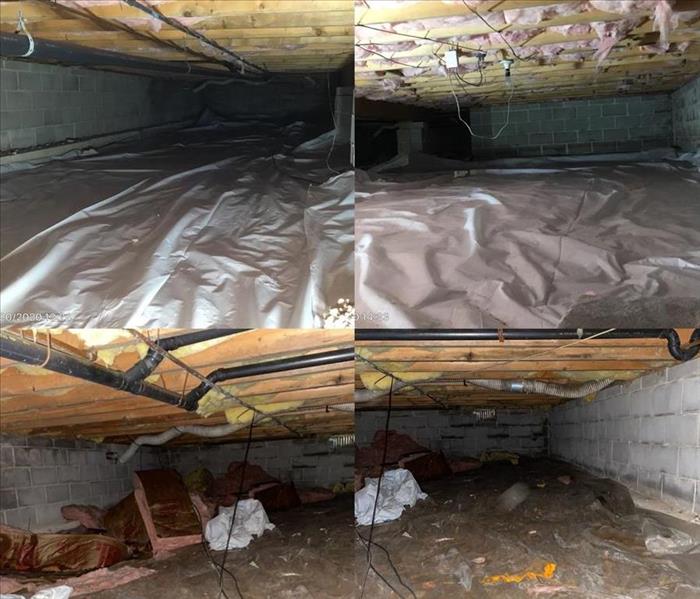 A crawl space with insulation and before and after of services.